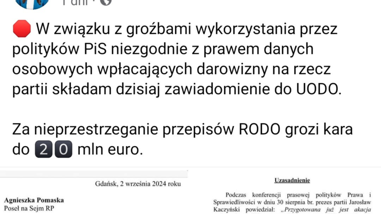 PiS straszy wpłacających na partię po kilka groszy. Posłanka PO interweniuje u prezesa UODO